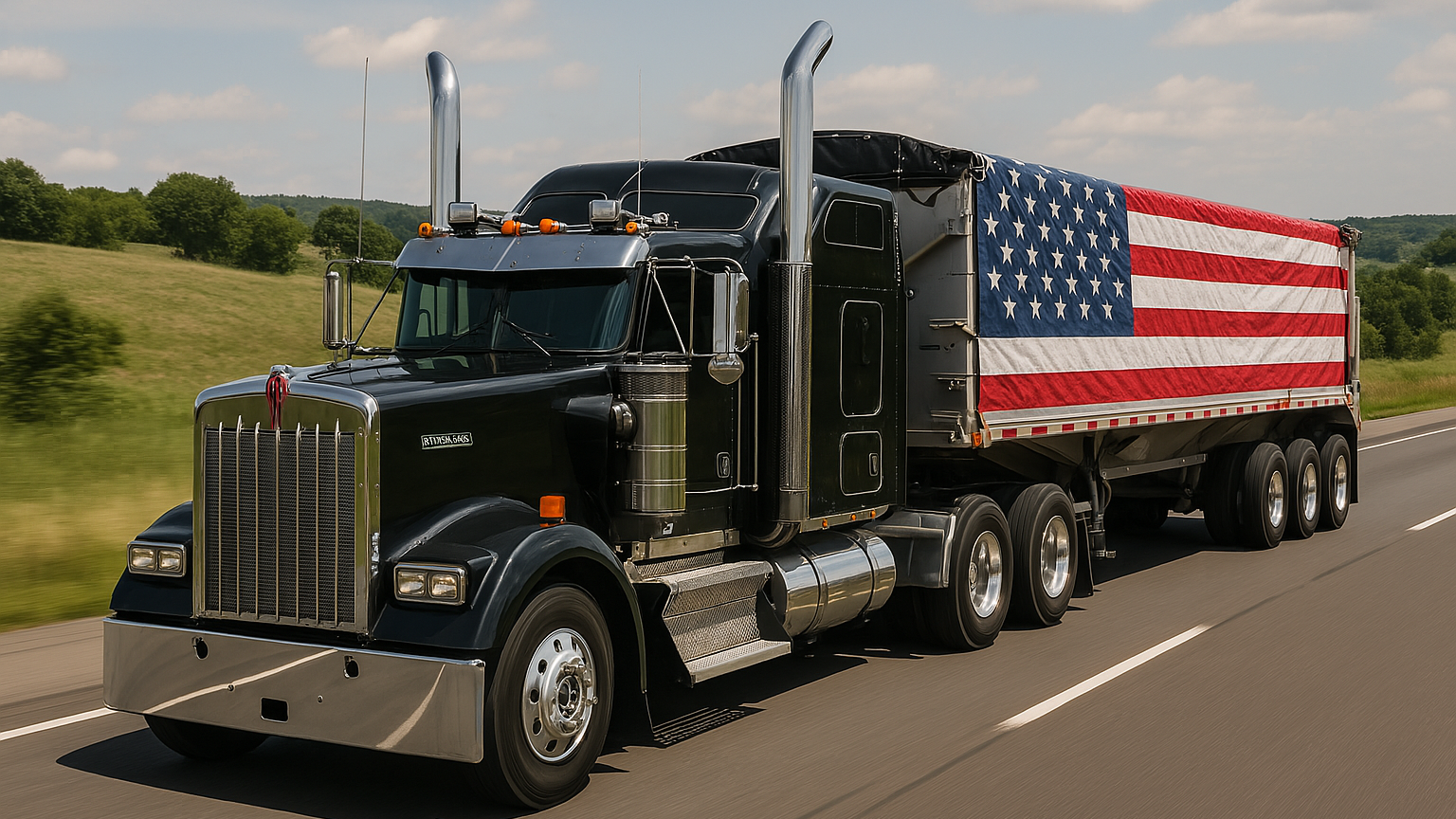 American Flag Side Roll Tarp on Grain Trailer