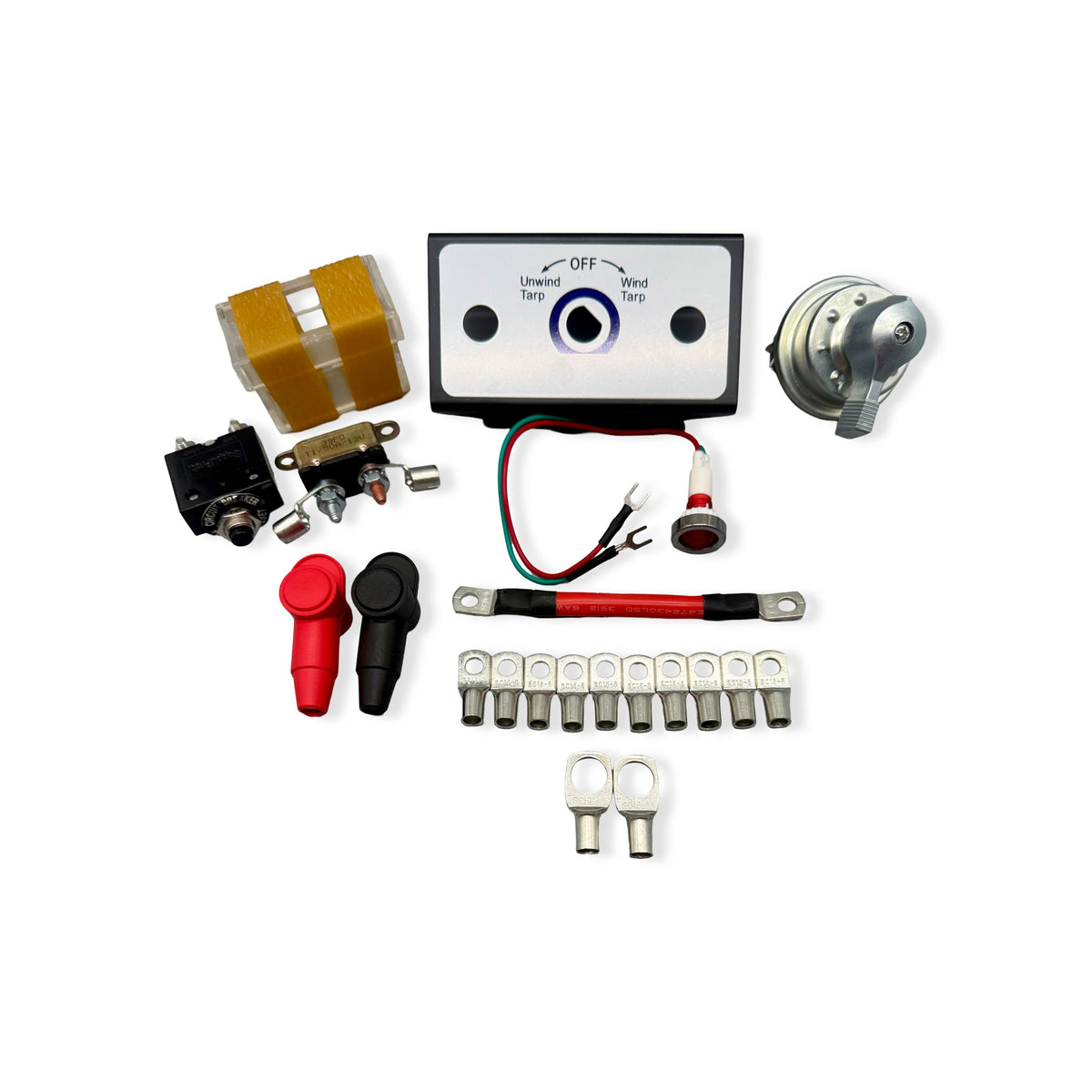A collection of components for an electric tarp system, including a rotary switch, circuit breaker, wiring, and connectors, but excluding the motor.