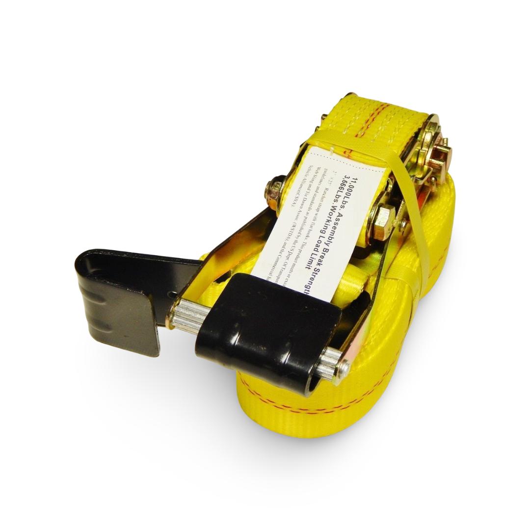 Yellow ratchet strap with a black ratchet handle on a white background