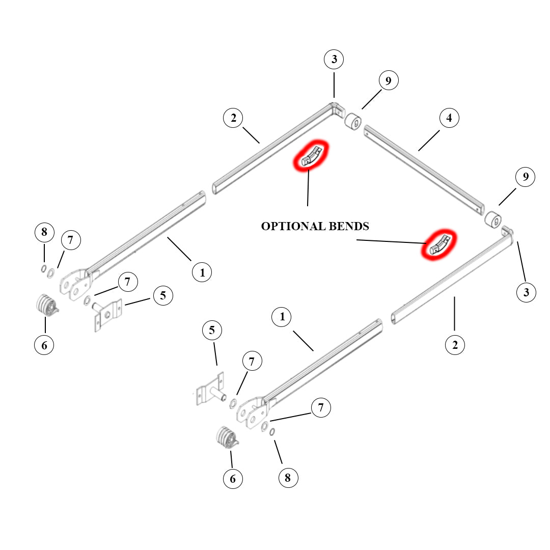 Illustration of an aluminum arm set for a truck with labeled components including lower arm, side arm, cross tube, and pivot pin, among others.