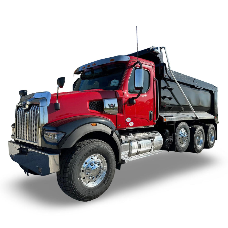 Red dump truck on a white background