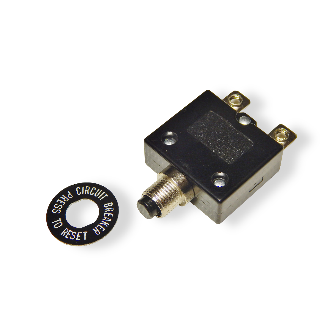 A 40 amp manual push button circuit breaker with a black finish, displayed alongside its reset button.