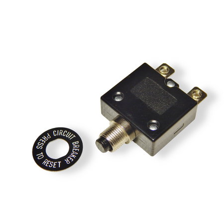 A 40 amp manual push button circuit breaker with a black finish, displayed alongside its reset button.