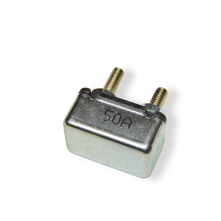 A 50A silver metal automatic circuit breaker with a rectangular shape and two protruding mounting screws.