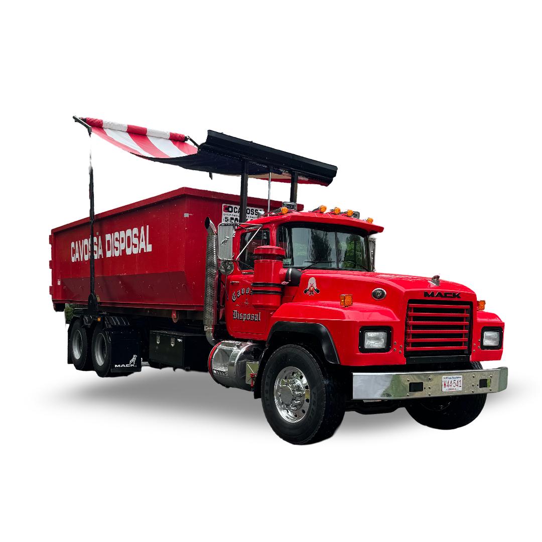 Red garbage disposal truck with a striped flag on a white background