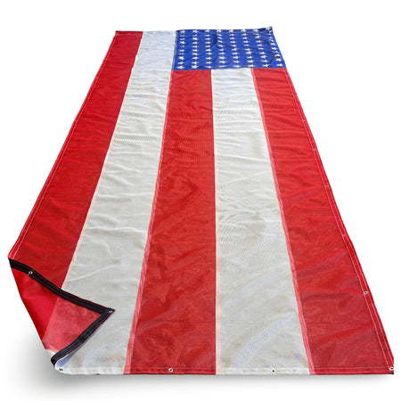 American flag-patterned tarp with red, white, and blue colors on a white background