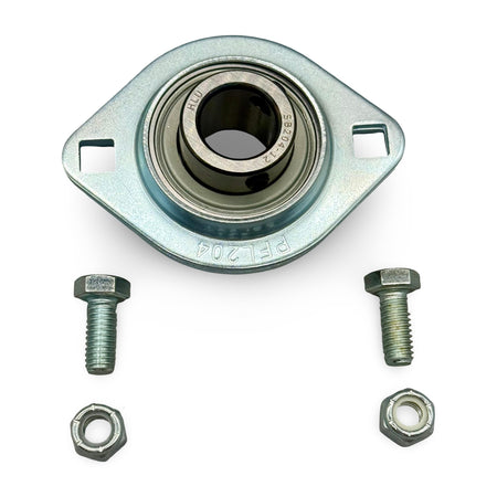 Metal bearing housing with bolts and nuts on a white background
