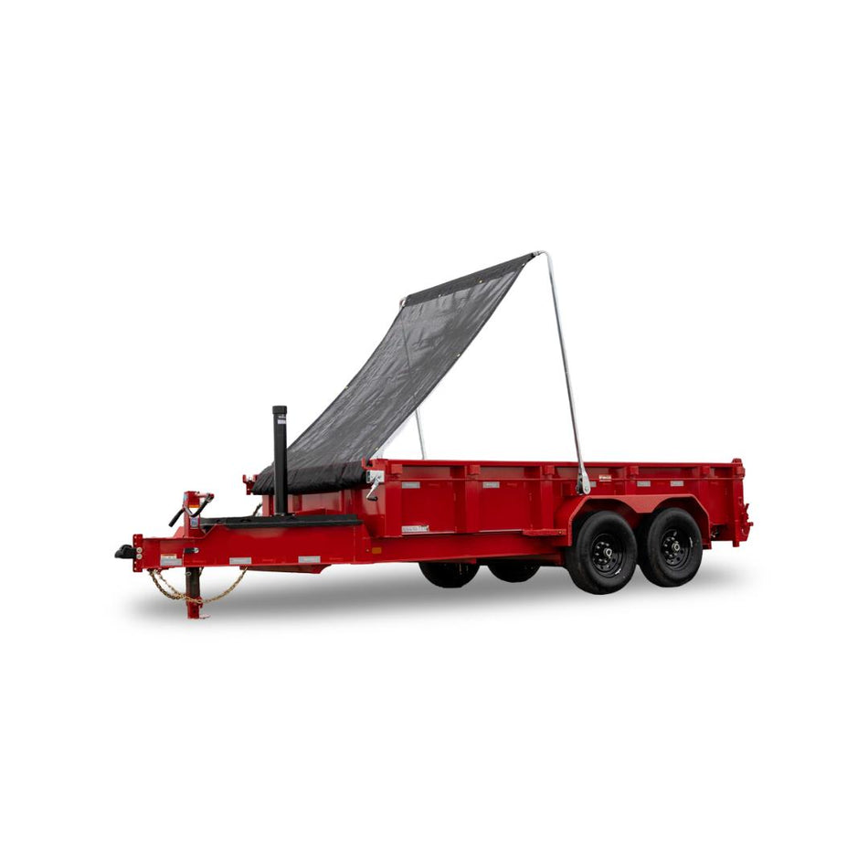 Red trailer with a black tarp on a white background