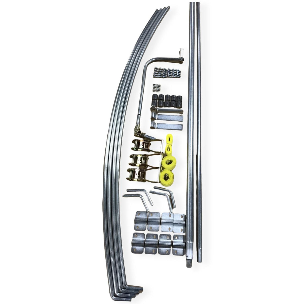 Set of metal bows and pipes to attach onto dumpsters for manual side roll operation