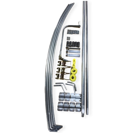 Set of metal bows and pipes to attach onto dumpsters for manual side roll operation