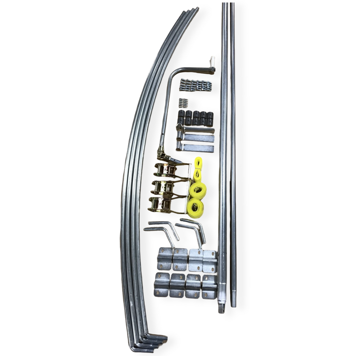 Set of metal bows and pipes to attach onto dumpsters for manual side roll operation