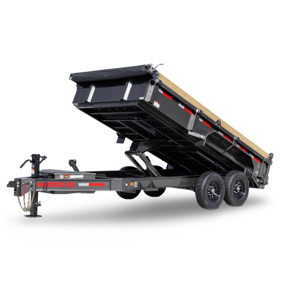 Dump trailer with open bed on a white background
