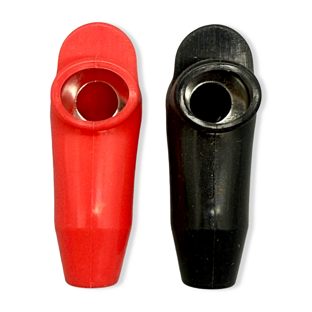 Red and black 6 gauge rubber terminal end protectors for electrical tarp motors.