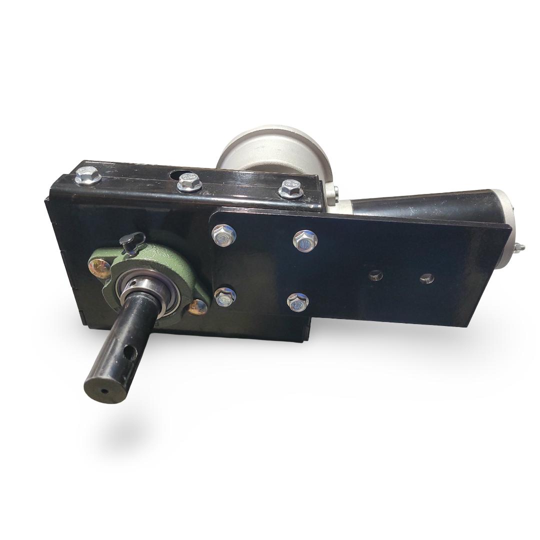 Mechanical component with a black housing, silver shaft, and visible bolts on a white background