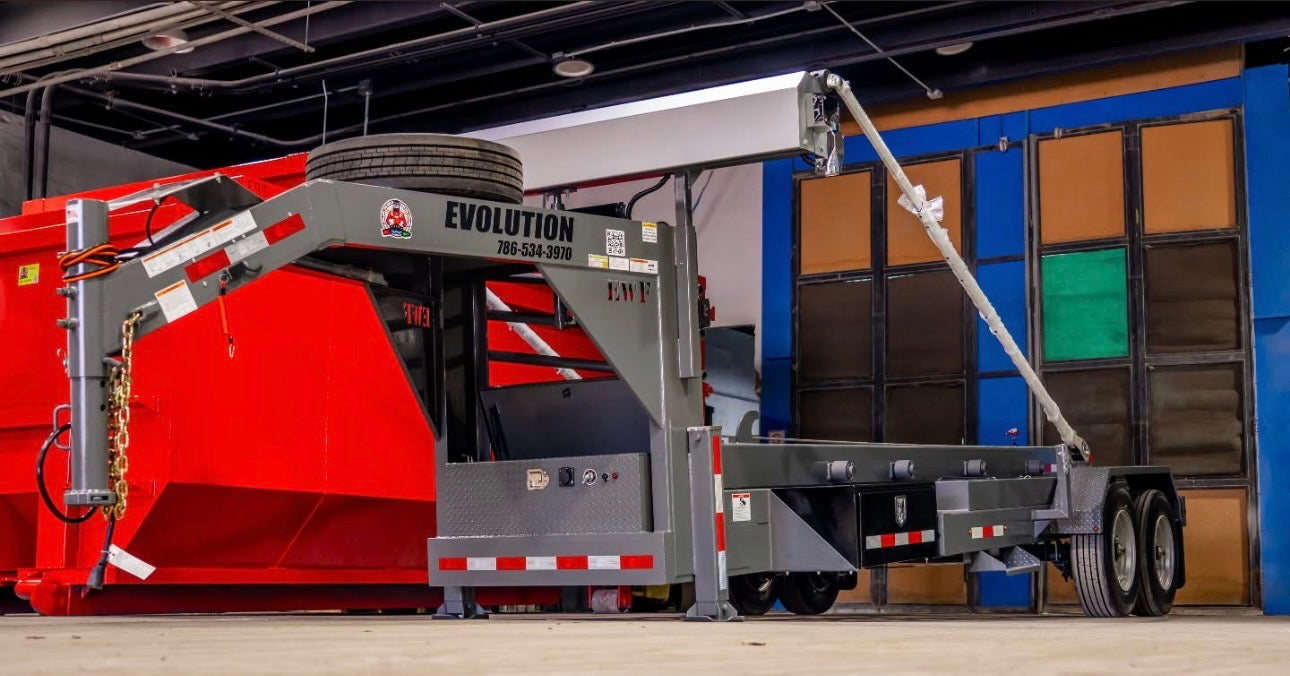 Evolution Welding Roll-Off Trailer with aluminum electric tarping system installed.