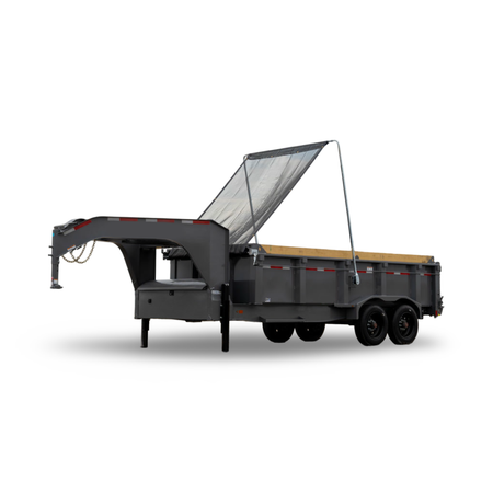 Gray dump trailer with an open cargo area on a white background