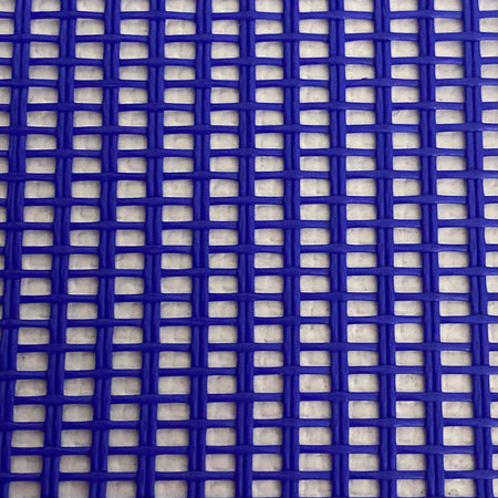 Close-up view of a heavy-duty blue mesh tarp made of UV-resistant polyester, featuring a pattern of square openings.
