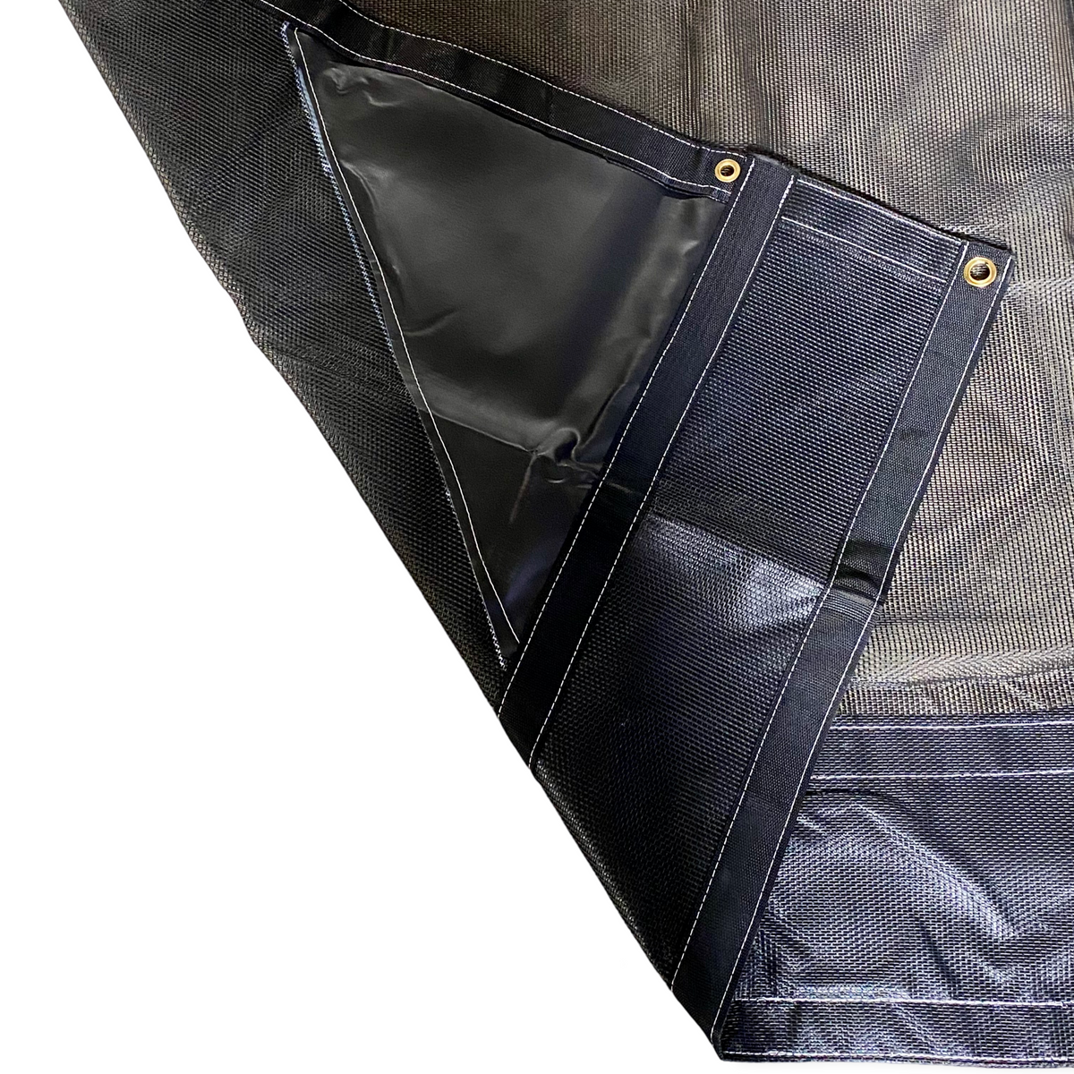 Black Mesh tarp close up of high quality lockstitch style stitching and vinyl reinforced corners and pocket.