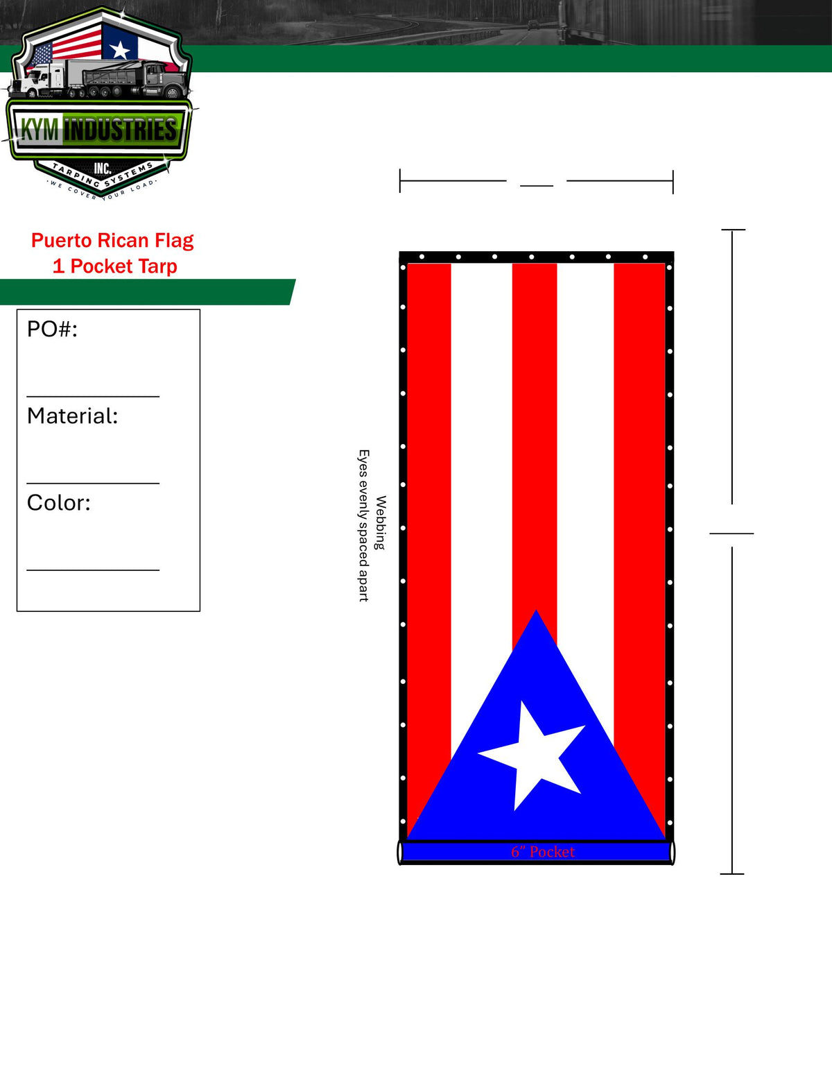Design of a Puerto Rican flag tarp with dimensions and KYM Industries logo.