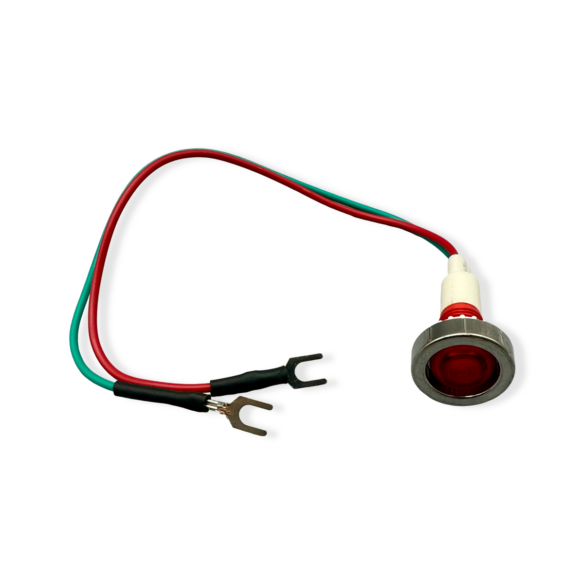 Red pilot light with soldered spade bits for quick connecting to a rotary switch.