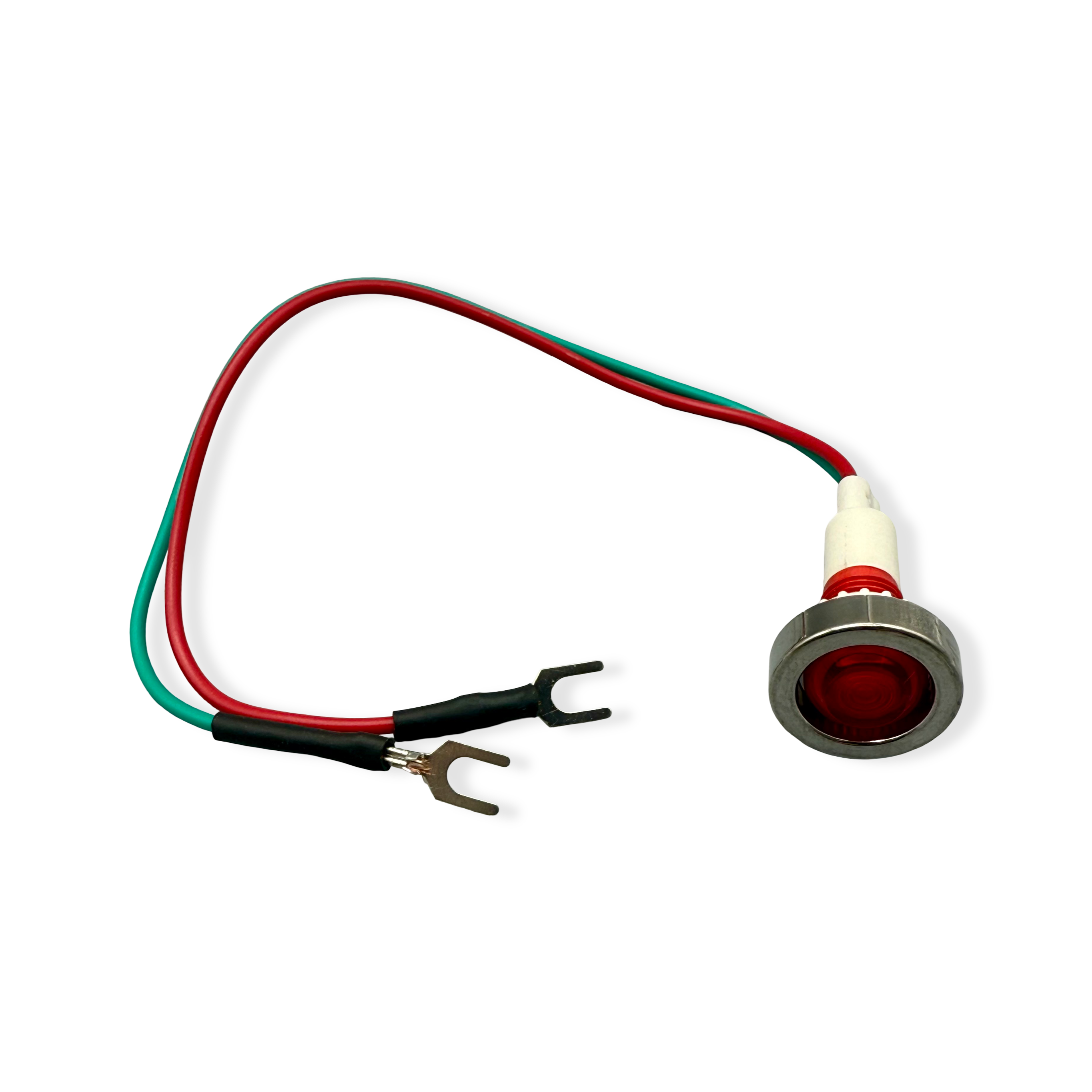 Red pilot light with soldered spade bits for quick connecting to a rotary switch.