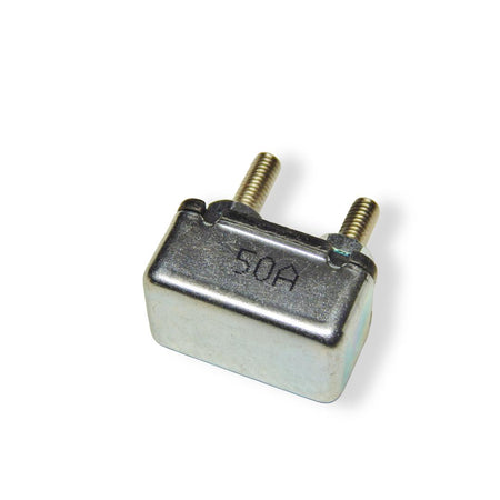 A 50A silver metal automatic circuit breaker with a rectangular shape and two protruding mounting screws.