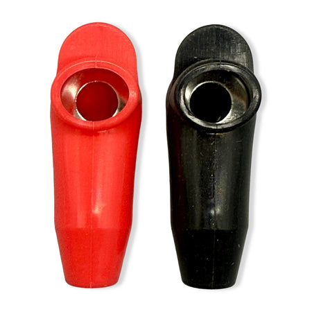 Red and black 6 gauge rubber terminal end protectors for electrical tarp motors.