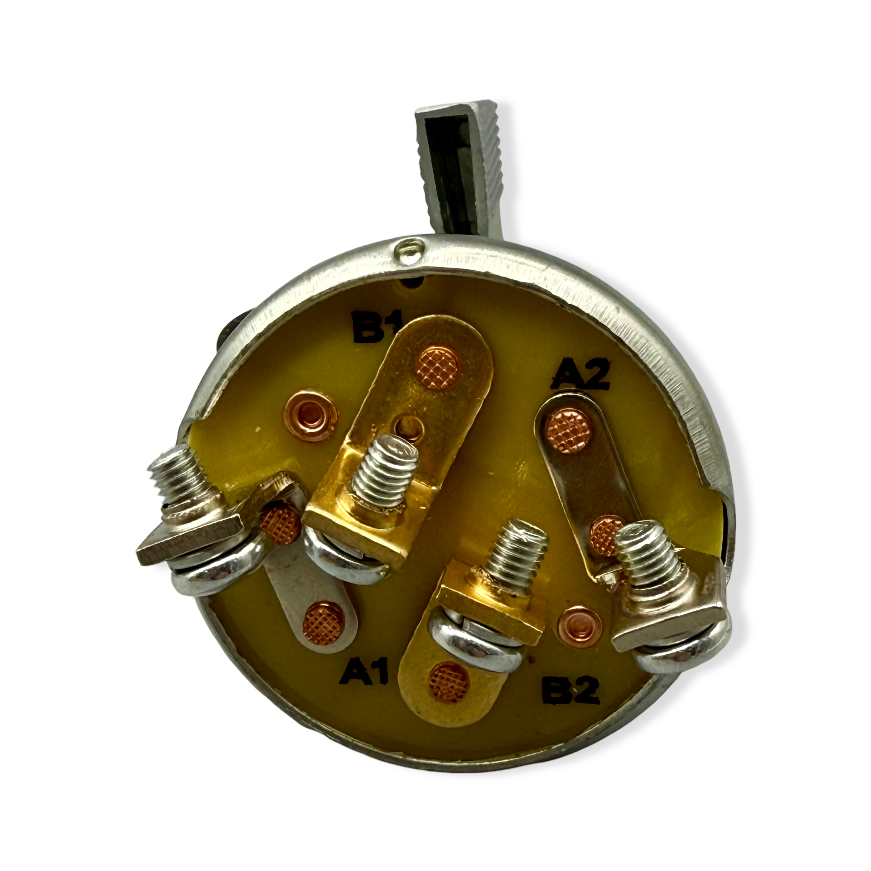 A silver rotary switch designed for use with electric tarping systems (back view).